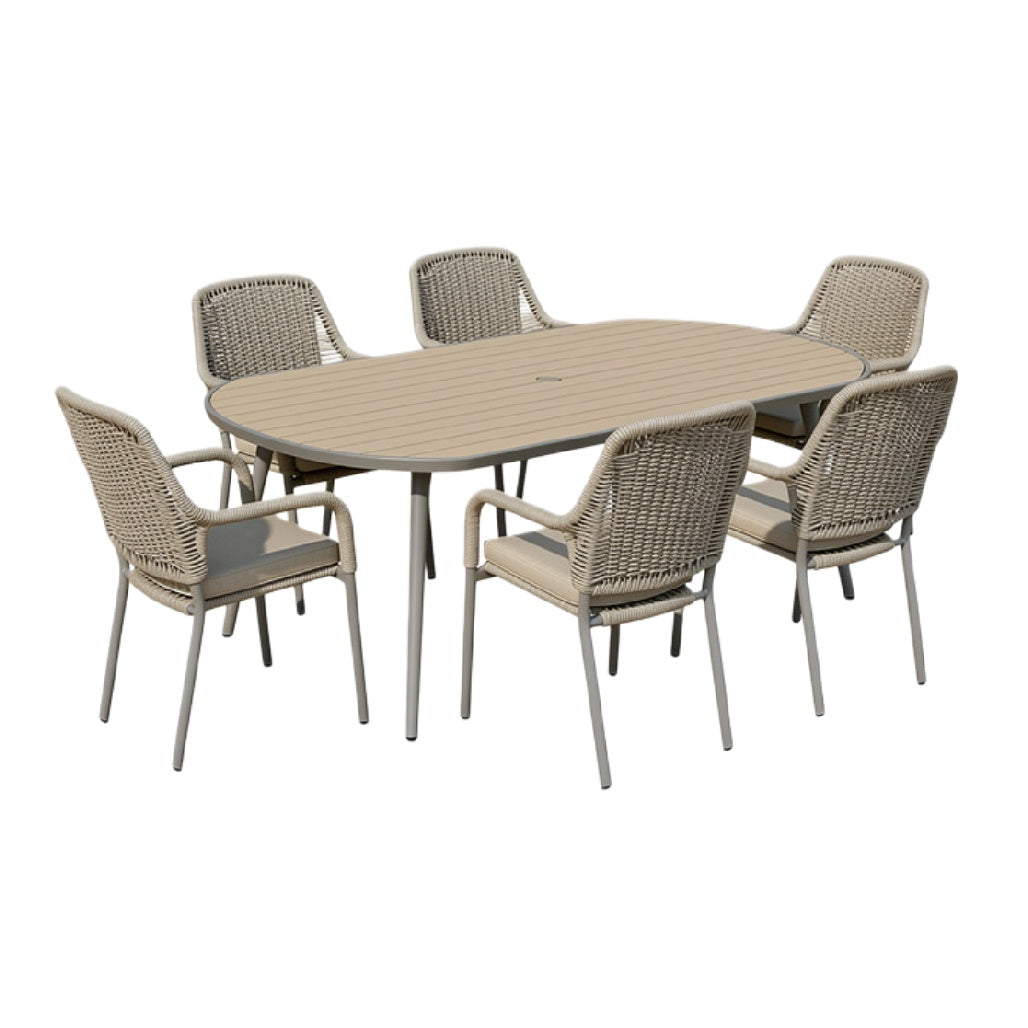 Eetset met Ovale Tafel en 6 Rieten Stoelen