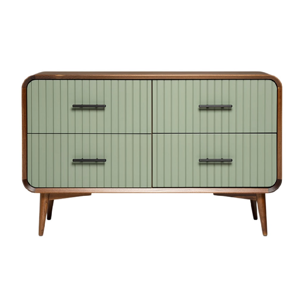 Moderne dressoir met groene lades en houten poten